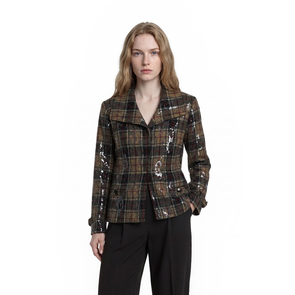 Andre Oliver Blazer Jacket Women's Size 12 Tan Metallic Plaid Lace Open Front